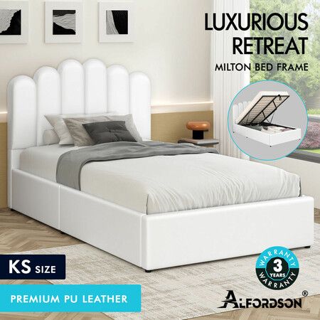 ALFORDSON Bed Frame King Single Gas Lift Storage Base Wooden White MILTON