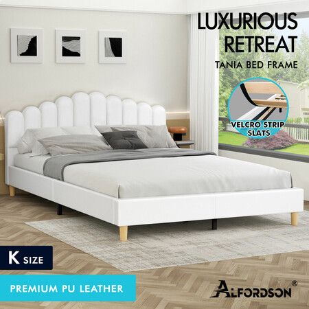 ALFORDSON Bed Frame King Size Upholstered Platform Base Leather White TANIA