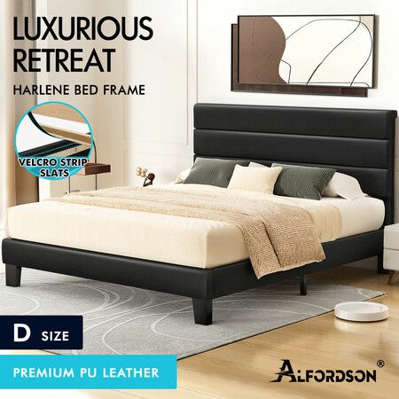 ALFORDSON Bed Frame Double Size Upholstered Platform Black Leather HARLENE