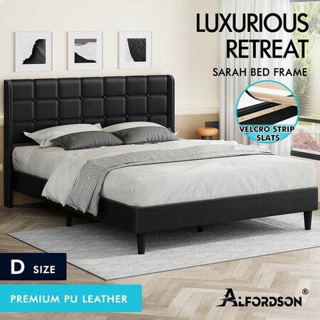 ALFORDSON Bed Frame Double Size Upholstered Wingback Base Black Leather SARAH