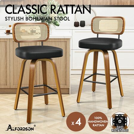 ALFORDSON 4x Bar Stools Kitchen Vintage Leather Seat Rattan Chair Wooden Black