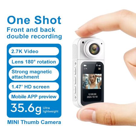 1.47 Inch 2.7K Pocket Action Camera, Sports Wearable Camcorder Thumb Camera With 180 Degree Rotation Wide Angle Camera Color White