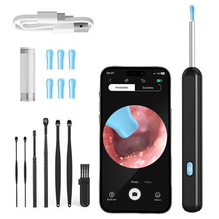 Ear Wax Removal Tool Camera  Cleaner 500W Pixel Earwax Removal Kit with LED Lights 7 Piece Set for iOS & Android Christmas Gift COL Black