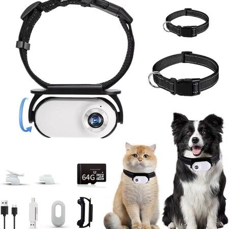 Cat Camera Collar,64GB Upgrade 360 Degree Rotating Dog Collar Camera 1080P HD,Video Records Indoor Outdoor Action DC for Pets-White
