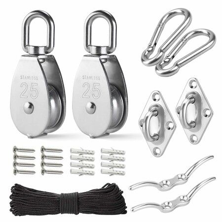 M25 Stainless Steel Pulley System Kit Heavy Duty Pulley Wheel, Pulley Block with Nylon Rope, Hooks, Eye Pad Plate, and Rope Cleat