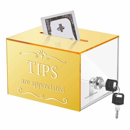 Acrylic Tips Jar Donation Tip Bucket Collection Money Storage Container Suggestion Box Raffle Cash Box (Gold)