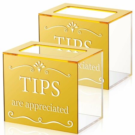 2 Pcs Acrylic Tips Jar Donation Tip Bucket Collection Money Storage Container Suggestion Box Raffle Cash Box (Gold)