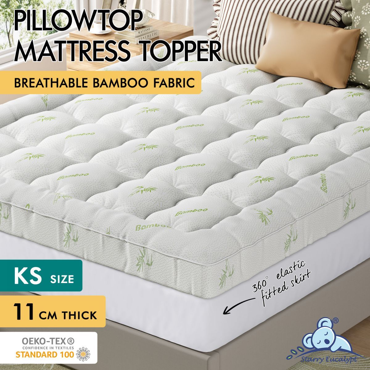 STARRY EUCALYPT Pillowtop Mattress Topper Bamboo Fibre Underlay Pad 11cm KS