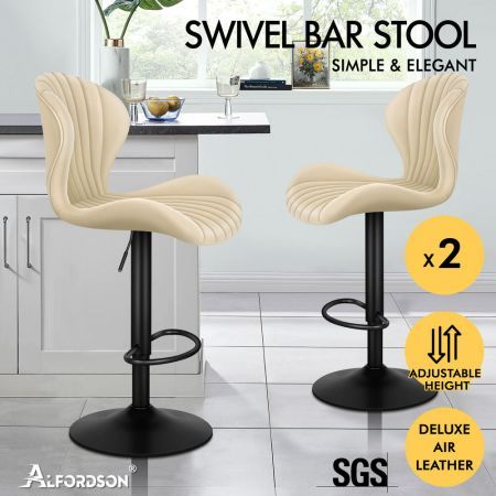 ALFORDSON 2x Bar Stools Gas Lift Air Leather Bar Chairs Kitchen Swivel BEIGE