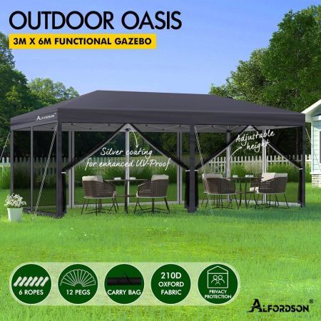 ALFORDSON Gazebo Pop Up Marquee 3x6m Outdoor Canopy Party Camping Mesh Wall Grey