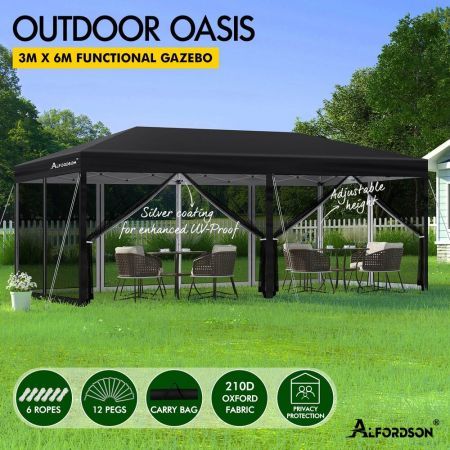 ALFORDSON Gazebo Pop Up Marquee 3x6m Outdoor Canopy Party Camping Mesh Black