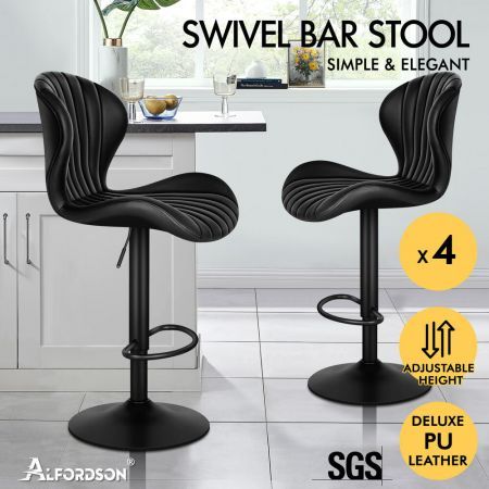ALFORDSON 4x Bar Stools Gas Lift Leather Bar Chairs Kitchen Swivel Stella BLACK