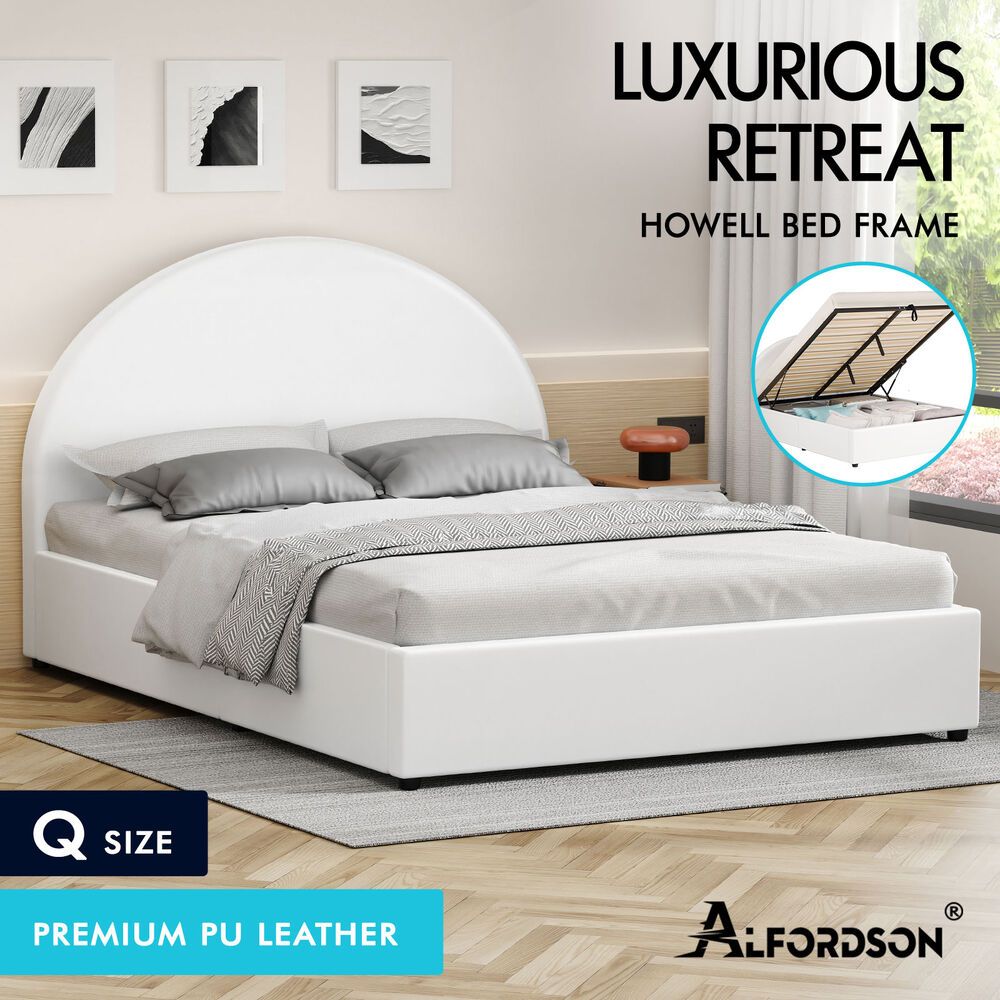 ALFORDSON Bed Frame Queen Size Gas Lift Base With Storage White Leather HOWELL