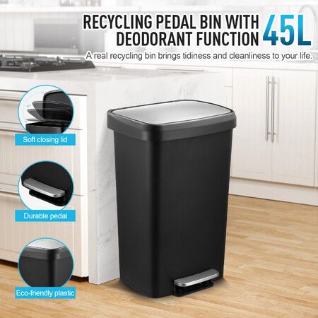 Black Rubbish Bin Recycling 45L Kitchen Waste Trash Can Pedal Dustbin Garbage Step Plastic Container Soft Closing Stainless Steel Lid Home Office