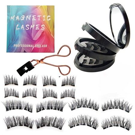 4 Pairs Magnetic False Eyelashes Extensions Semi-Natural Black Curly Thick Reusable Eyelashes With Applicator No Glue 3D Look Eye Makeup For Girls