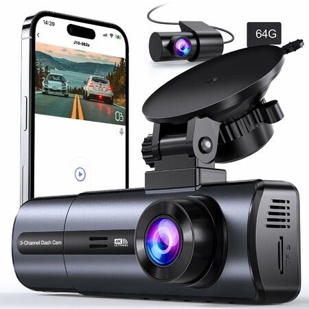 3 Channel 4K Dash Cam with 5GHz WiFi & APP Control,Triple Dash Camera with 64GB Card,G-Sensor,24 Hours Parking Mode,Loop Recording,Night Vision
