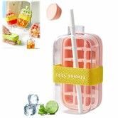 Ice Bottle Cup,2 in 1 Zero Touch Press Ice Cube Mold Water Bottle with Lid and Bin,Easy Press to Release Vertical Ice Cube Tray with Lid (Pink,800ML)
