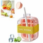 Ice Bottle Cup,2 in 1 Zero Touch Press Ice Cube Mold Water Bottle with Lid and Bin,Easy Press to Release Vertical Ice Cube Tray with Lid (Pink,500ML)