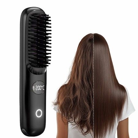 Portable Cordless Straightener Brush with 3 Setting LCD Temperature Display,Fast Heat-up Electric Negative Ions Ceramic Hot Comb Color Black