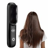 Portable Cordless Straightener Brush with 3 Setting LCD Temperature Display,Fast Heat-up Electric Negative Ions Ceramic Hot Comb Color Black