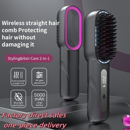 Cordless Straight Curly Hair Comb,Negative Ion Heated Hair Straightener,Rechargeable Anti-scalding Electric Hair Care Brushes Color Gray