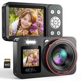 Digital Camera,FHD 4K 64MP Camera with Dual Screen 64GB SD Card Point and Shoot Camera 18X Zoom,Anti Shake Portable Rechargeable Camera,Black