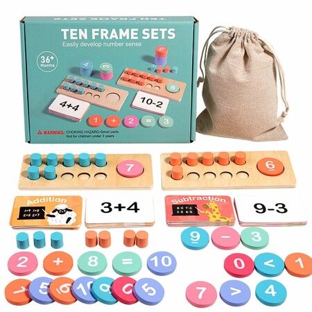 Math Learning Toys Wooden Ten Frame Set,Wooden Ten Frame Math Operations Toys Education Math Frames for Classroom Kids