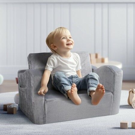 Baby Chair Foldable 2-in-1 Comfy Baby Lounger Couch Kids Sofa Grey