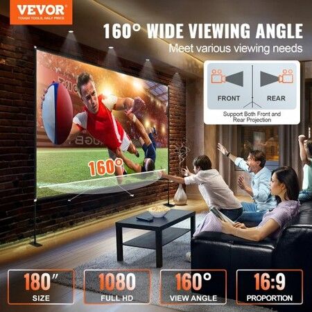 Outdoor Movie Screen w/ Stand 180" Portable Movie Screen 16:9 HD Wide Angle Outdoor Projector Screen Easy Assembly Portable Projector Screen w/ Storage Bag