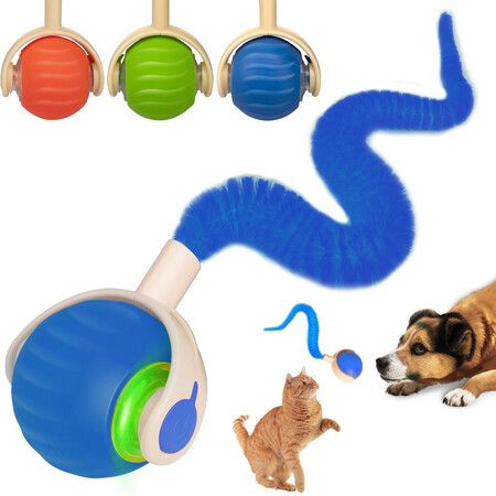 Interactive Cat Dog Toy Ball,Automatic Moving Smart Pet Chase Ball with Feather Tail,Electric Rechargeable Enrichment Toys (Blue)