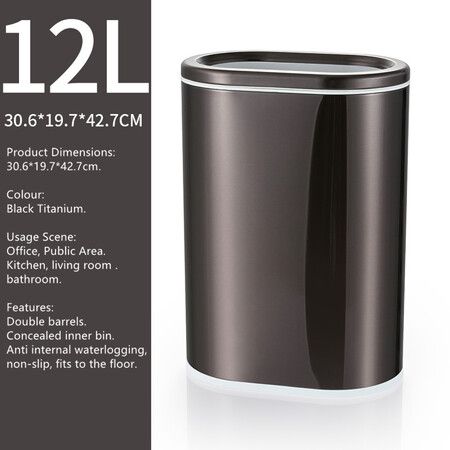 12L Oval Narrow Rubbish Bin Black Titanium Coloured Tungsten Steel Open Lid Trash Can for Kitchen, Office and Home