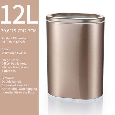 12L Oval Narrow Rubbish Bin Champagne Gold Coloured Tungsten Steel Open Lid Trash Can for Kitchen, Office and Home
