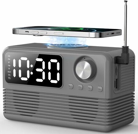 15W Fast Wireless Charger with Bluetooth Speaker and Alarm Clock Radio,4 in1 Wireless Charging Station for Phones with FM Radio for Bedroom, Grey