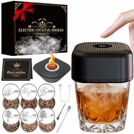 Electric Whiskey Smoker Kit Built-in Lighter,Rechargeable Cocktail Smoker Kit with 6 Wood Chips,Old Fashioned Drink Smoker Kit,Bourbon Whiskey Gifts