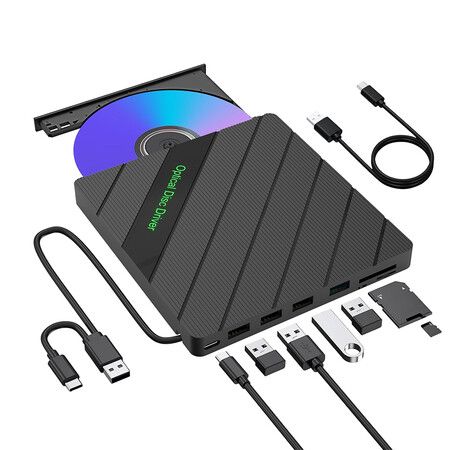 8 IN 1 External CD/DVD Drive for Laptop, USB 3.0 Portable External CD Burner Reader Writer with 4 USB Ports/2 TF SD Card Slots/1 USB Type C Port
