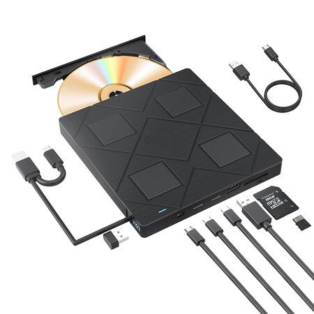 External CD/DVD Drive,upgrade 8 in 1,USB 3.0,2 type-c port for Laptop Macbook Desktop PC Compatible with Windows 11/10/8 Linux Mac OS