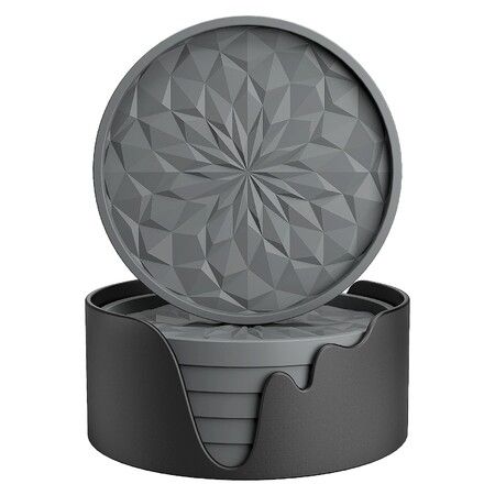 Silicone Coasters with Holder,6 Pack Drinking Coasters Cup Mat for Hot or Cold Drinks,Thickened,Non-Slip,Non-Stick,Deep Tray Grey