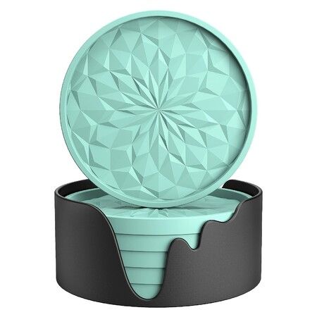 Silicone Coasters with Holder,6 Pack Drinking Coasters Cup Mat for Hot or Cold Drinks,Thickened,Non-Slip,Non-Stick,Deep Tray Green