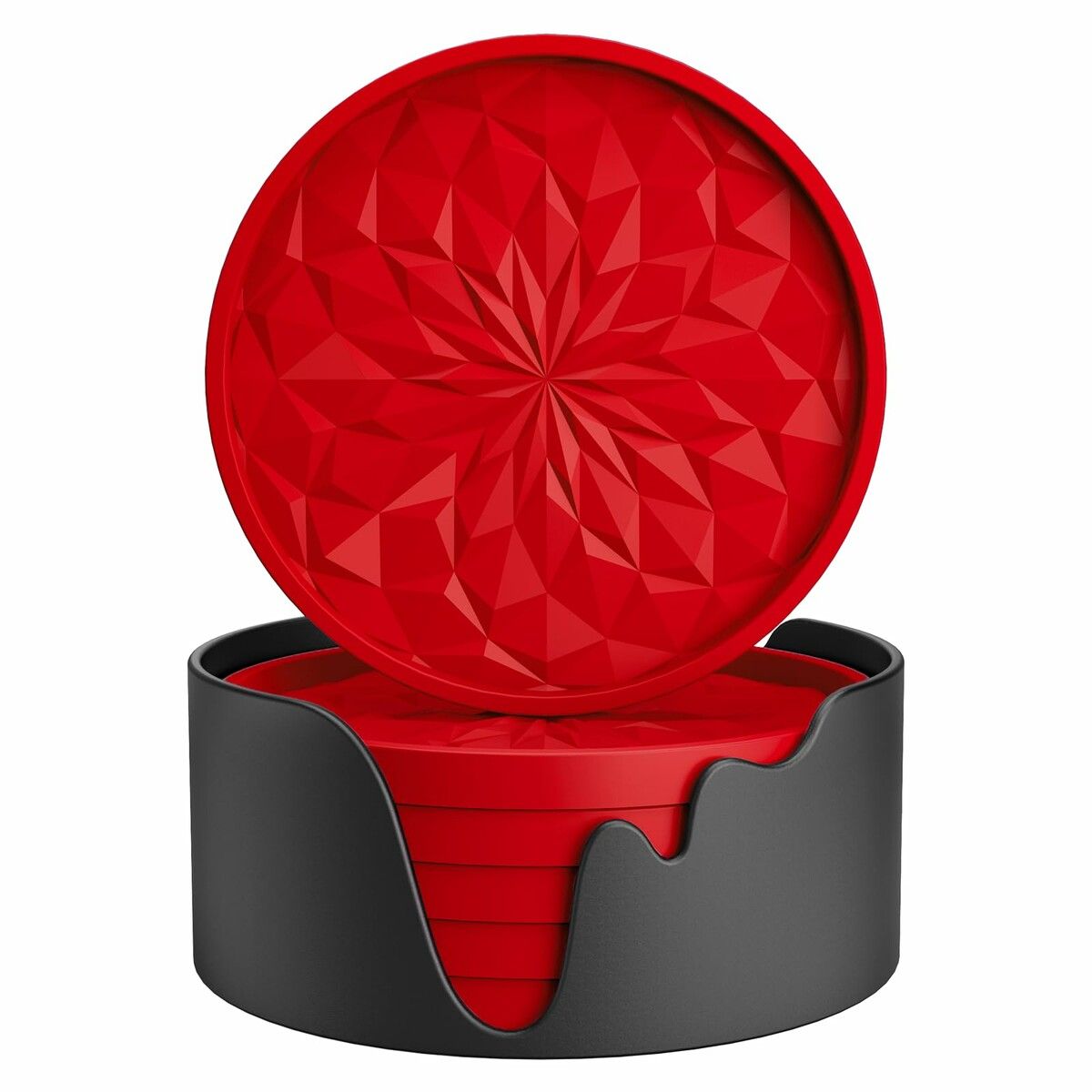 Silicone Coasters with Holder,6 Pack Drinking Coasters Cup Mat for Hot or Cold Drinks,Thickened,Non-Slip,Non-Stick,Deep Tray Red