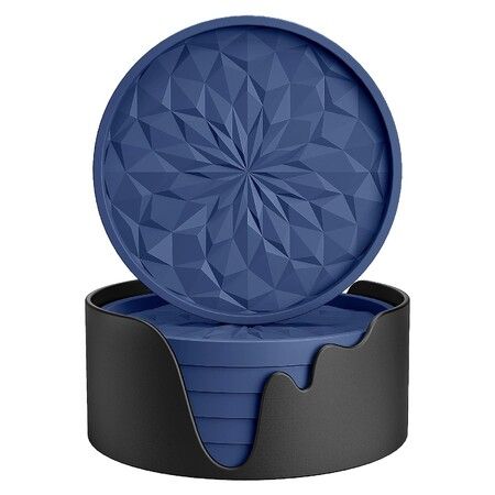 Silicone Coasters with Holder,6 Pack Drinking Coasters Cup Mat for Hot or Cold Drinks,Thickened,Non-Slip,Non-Stick,Deep Tray Blue