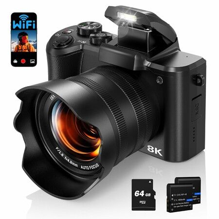 8K Digital Camera,88MP Autofocus WiFi Vlogging Camera for YouTube Video with Front and Rear Lens,Flash,Touch Screen,Lens Hood,64GB Card,2 Batteries
