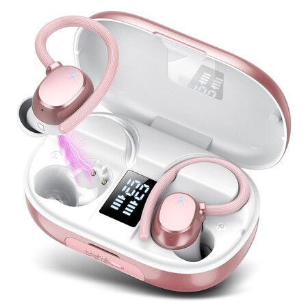 Wireless Earbuds, Bluetooth 5.3 Headphones with LED Display, Powerful Bass Over Ear Earphones, IP7 Waterproof for Sport, Rose Gold