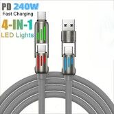 240W 4-in-1 USB C Super Fast Charge Cable With Breathing Light,Multi-Charging Cable Color Grey