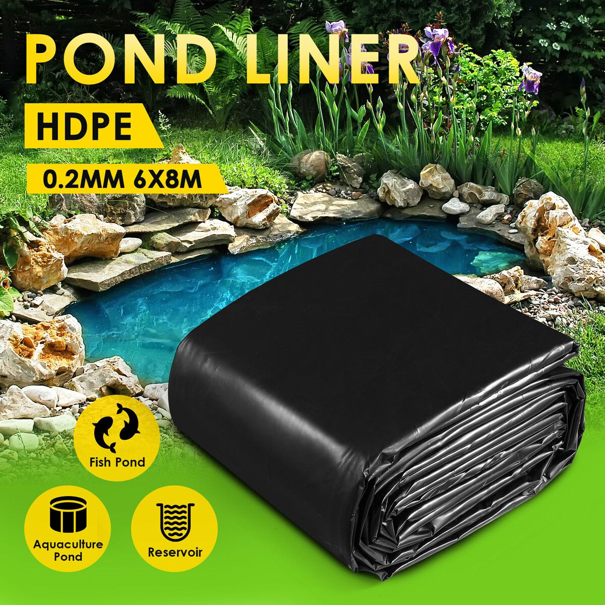 6x8m Pond Liner HDPE Fish Koi Pool Skin Waterfall Water Garden Pad Black Reservoir Fountain Landscaping Aquaculture Farming Sewage Heavy Duty 0.2mm