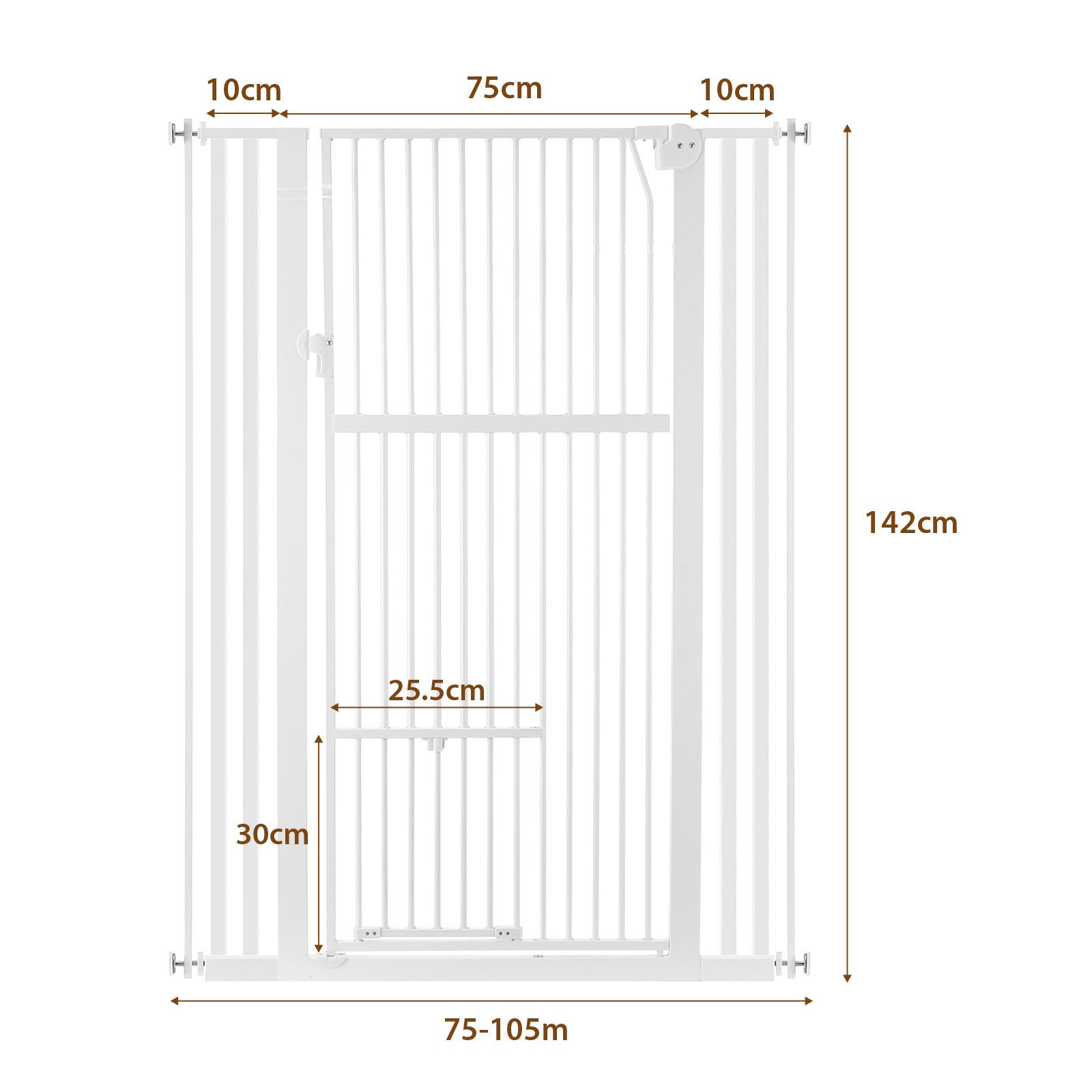 Safety Gate Pet Dog Cat Security Extra Tall Retractable Fence Enclosure Guard Kitchen Doorway Stairs Barrier with Walk Through Door 75 to 105cm White