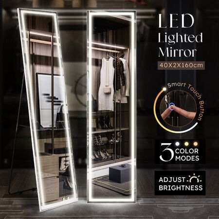 LED Full Length Mirror Floor Vanity Free Standing Body Wall Mounted Hanging Leaning Lighted Hallway Bedroom Dressing Makeup 3 Light Colours 40x2x160cm