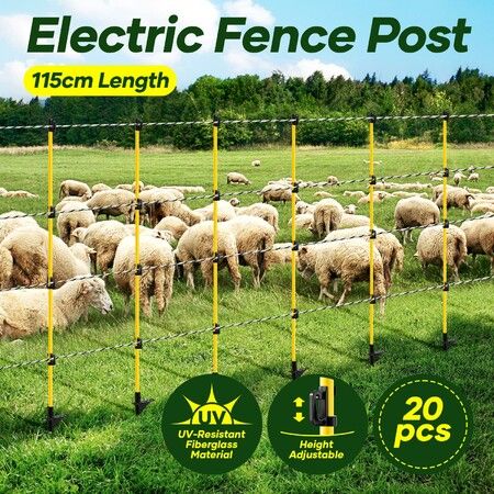 Electric Fence Post 20pcs Tread Step In Wire Garden Farm Livestock Cattle Sheep Insulators Poles Pigtail Fibreglass Adjustable Graze Fencing Temporary