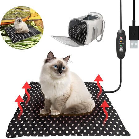 USB Heating Warmer Pad Bed for Cat, Small Dog and Pet, Safe 5V2A Power Bank Battery Operated for Indoor and Outdoor Use, 37 X 47 X 2 cm, Black