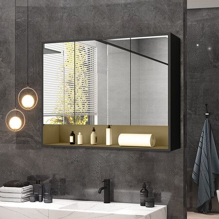 Bathroom Mirror Cabinet Medicine Shaving Vanity Shaver Cupboard Toilet Wall Storage Organiser Shelves Furniture with LED Lights Doors Black 90x13x75cm
