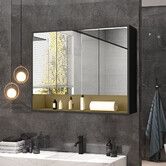 Bathroom Mirror Cabinet Medicine Shaving Vanity Shaver Cupboard Toilet Wall Storage Organiser Shelves Furniture with LED Lights Doors Black 90x13x75cm